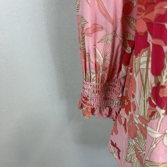 Talbots Blouse size Extra Small Pink Coral Floral Smocked Peasant Boho Wedding - Picture 5 of 8